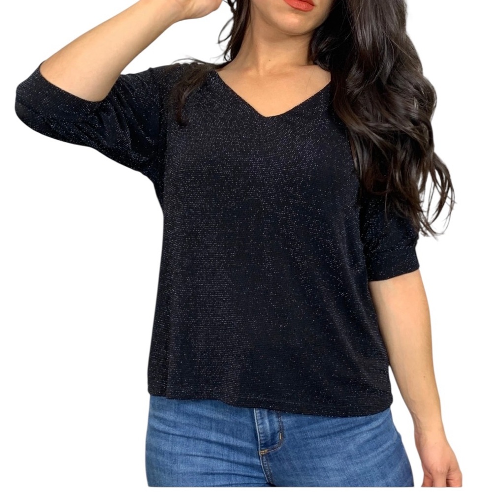 NWT H&M Dolman Sleeve Shimmer Knit V-Neck Top Black Size Small - Picture 2 of 9